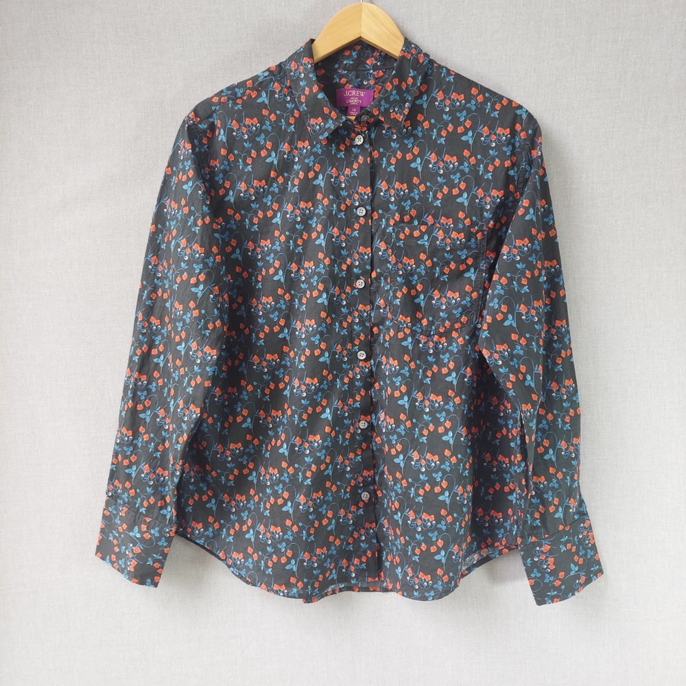 J.Crew Liberty Fabric Shirt Womens 12 Strawberry Print Button Up Cotton Black